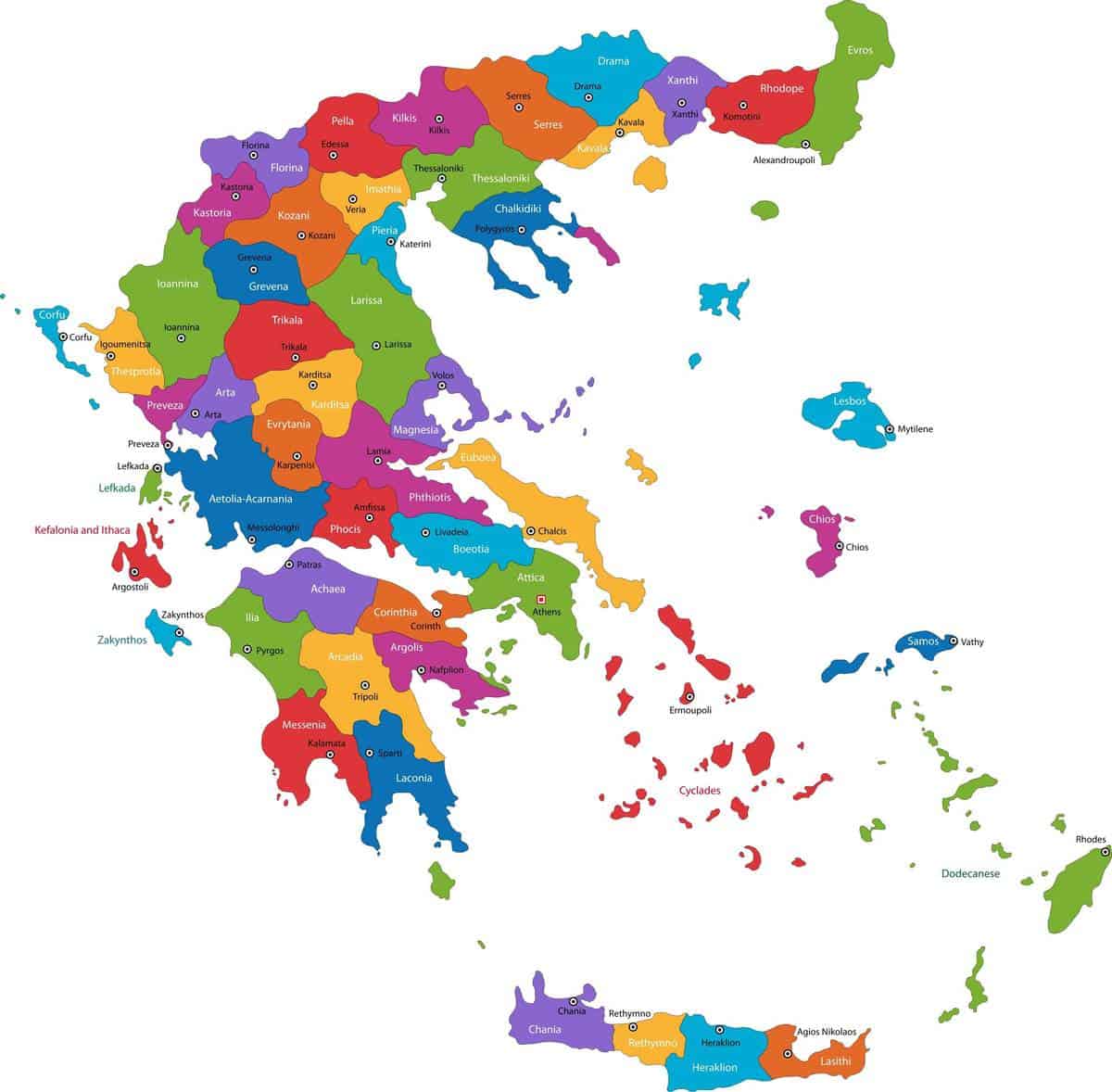colourful map of greece and greek islands