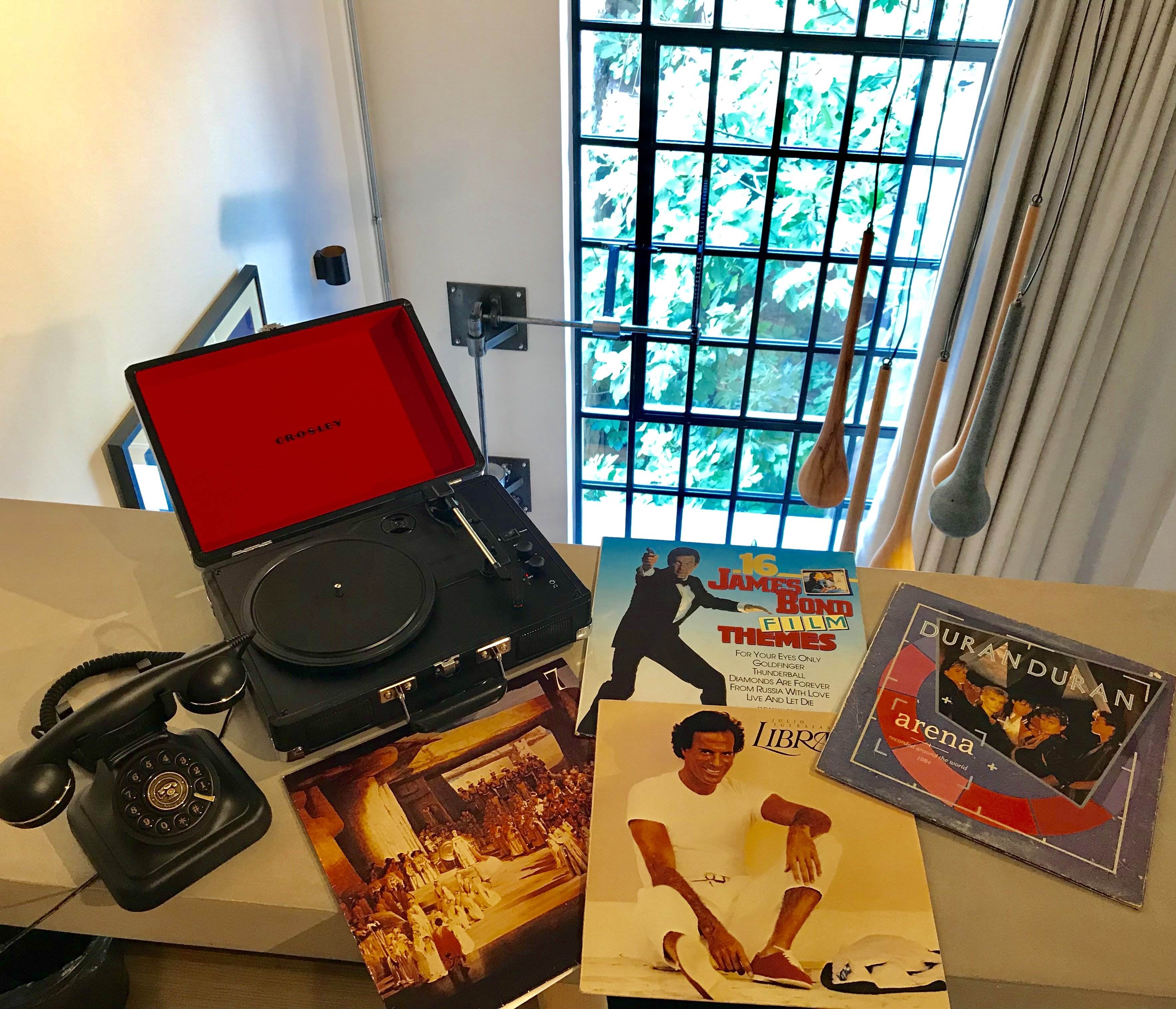 retro record player in hotel room
