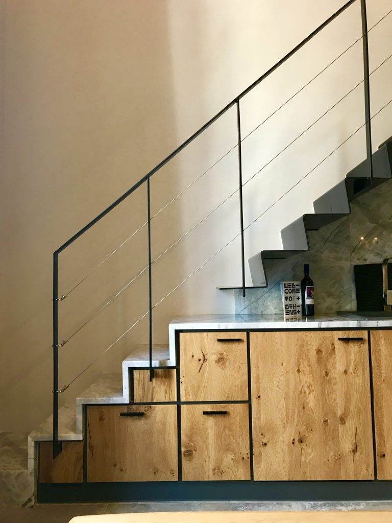 staircase on kitchen bench