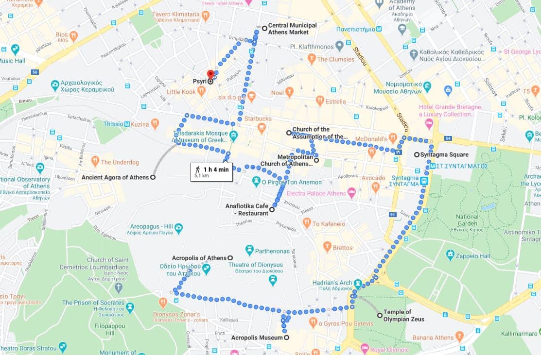 athens itinerary map